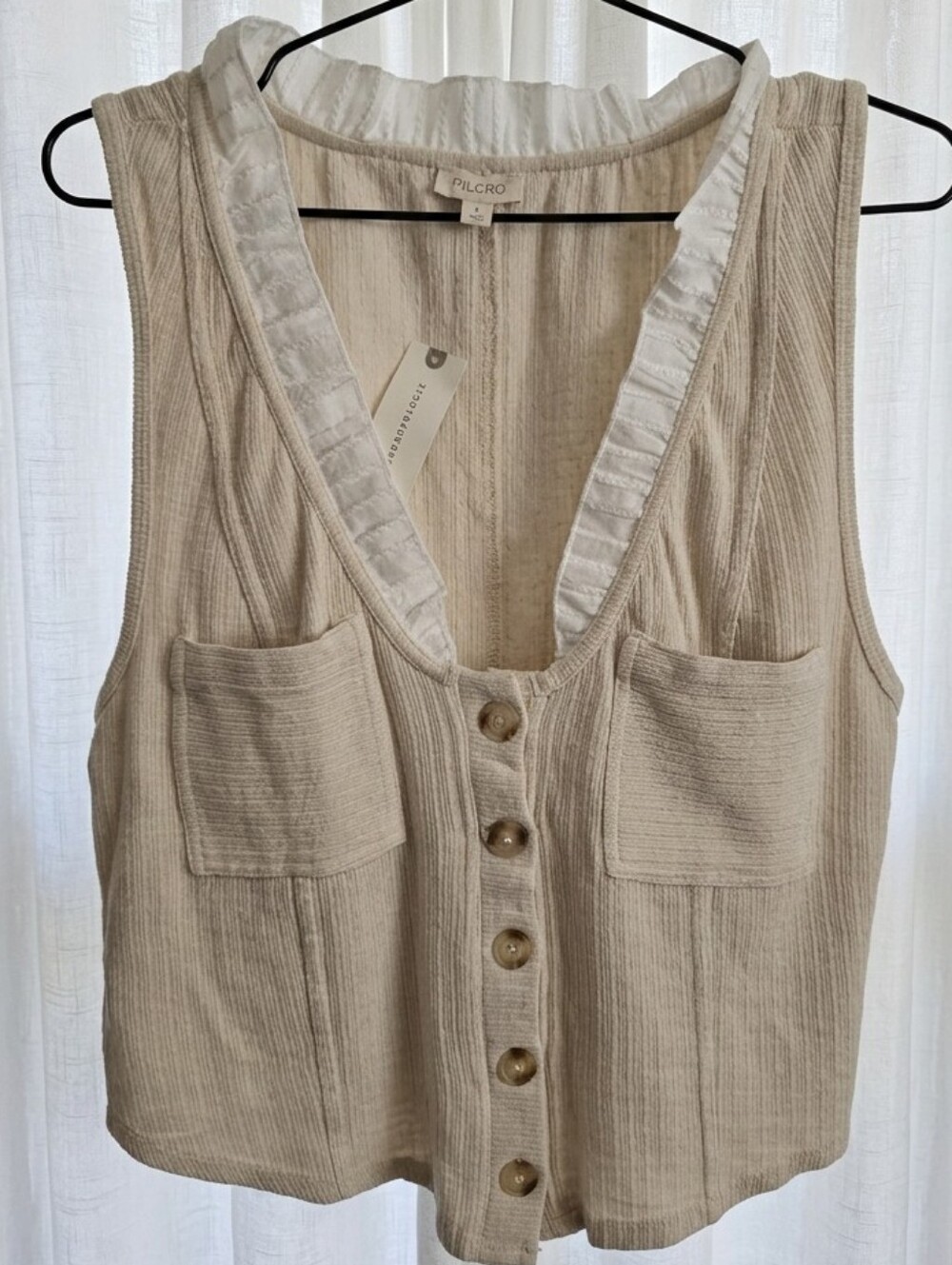Pilcro Cream Ruffle-Trim Button Front Crop Tank